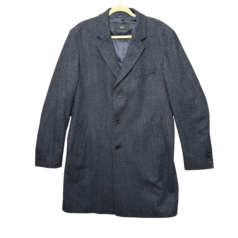 BOSS Hugo Boss Men's Slim Fit Navy Wool‎ Overcoat NYE2 Jacket 44R EUC